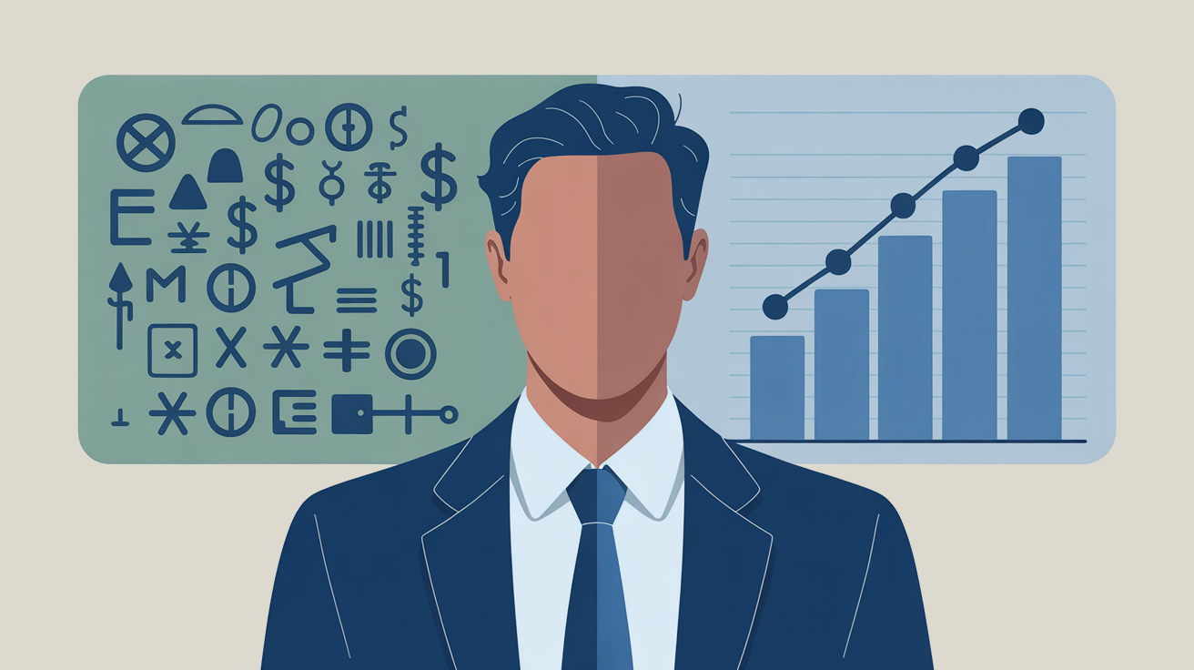 Business executive in navy suit with split background showing confusing financial symbols transforming into a clear upward-trending bar chart, representing AI's ability to convert complex financial data into actionable business insights