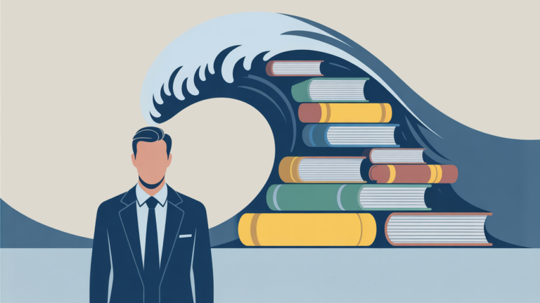 A business person overwhelmed by a tsunami of books