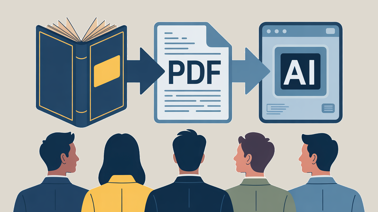 traditional book transforming into a clean PDF document, then flowing into a simplified AI interface