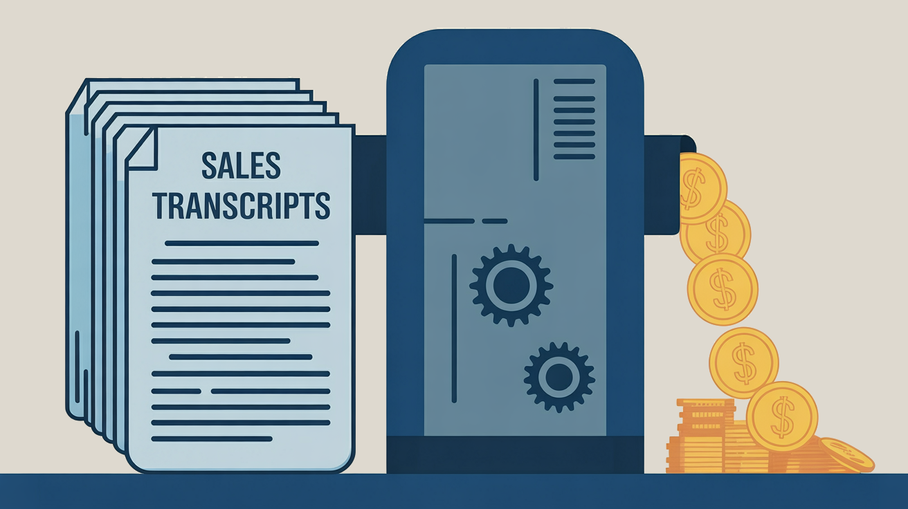 Sales transcripts being fed into a machine that converts them to gold coins.