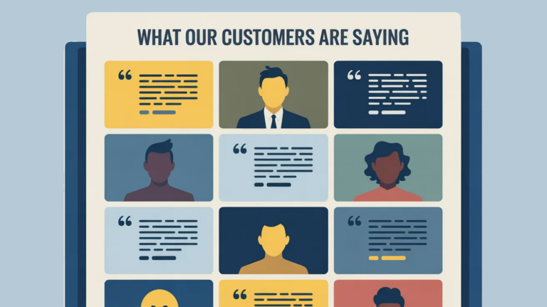 Grid of diverse customer testimonial cards with quote marks and profile illustrations.