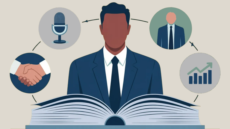 Illustration of a business professional standing behind an open book, surrounded by four icons representing the opportunities a book creates: a microphone for speaking engagements, a business figure for consulting, a handshake for partnerships, and a growth chart for business results.