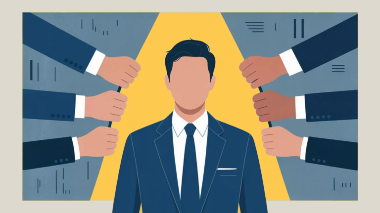 Flat vector illustration of a faceless person in a business suit standing centered under a spotlight, while multiple suited arms from both sides pull at them with cords, symbolizing external pressures and demands from work or business.