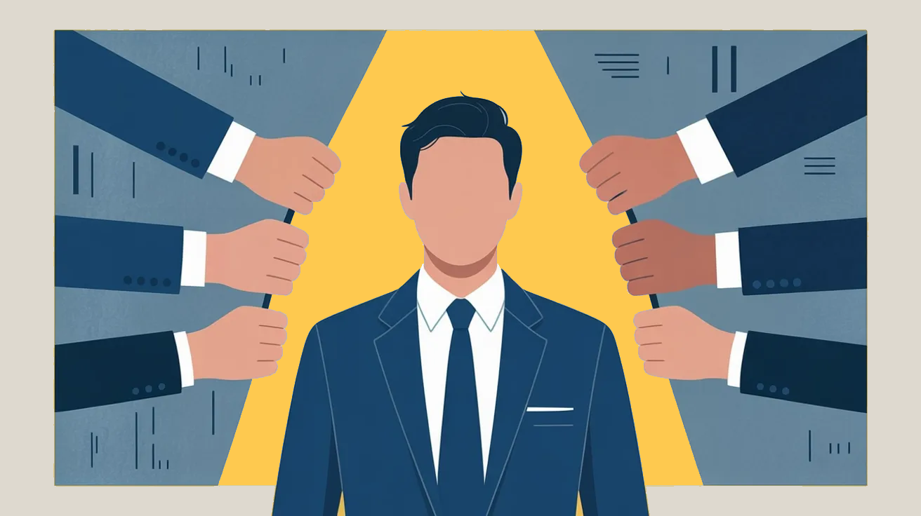 Flat vector illustration of a faceless person in a business suit standing centered under a spotlight, while multiple suited arms from both sides pull at them with cords, symbolizing external pressures and demands from work or business.