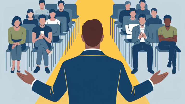 Business speaker seen from behind addressing an audience split between engaged listeners and distracted attendees looking at their phones, flat vector illustration.