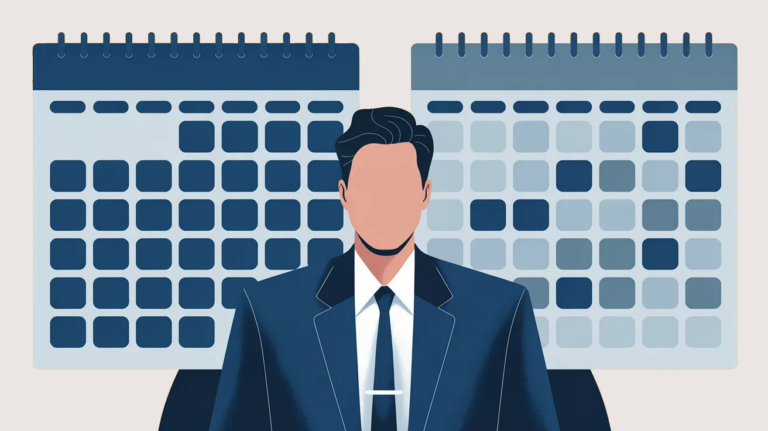 Business professional between two monthly calendars showing a packed schedule on one side and a lighter schedule on the other.
