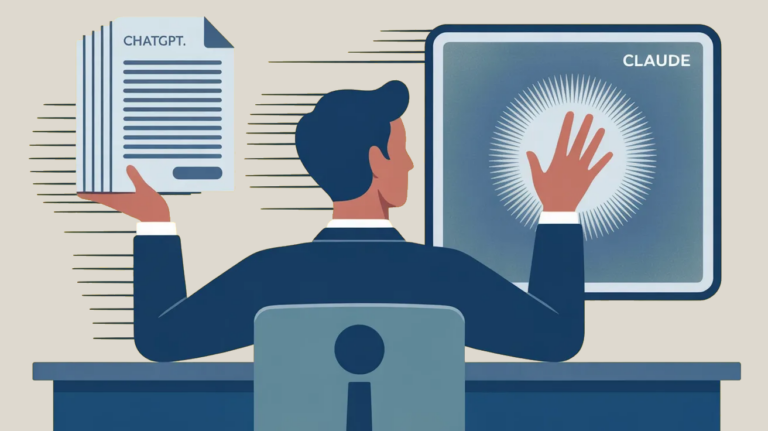 A flat vector illustration of a faceless figure in a dark suit seated at a desk, holding documents labeled "ChatGPT" in one hand while reaching toward a glowing screen labeled "Claude" with the other. The background is warm beige.