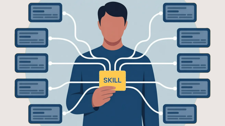 A flat vector illustration of an abstract faceless person holding a card labeled “SKILL” at chest level. Multiple clean white connector lines extend outward from the card and the figure, linking to rectangular modules on both sides that represent different tools or platforms. The composition is symmetrical and minimal, with a structured network layout emphasizing connectivity and portability.
