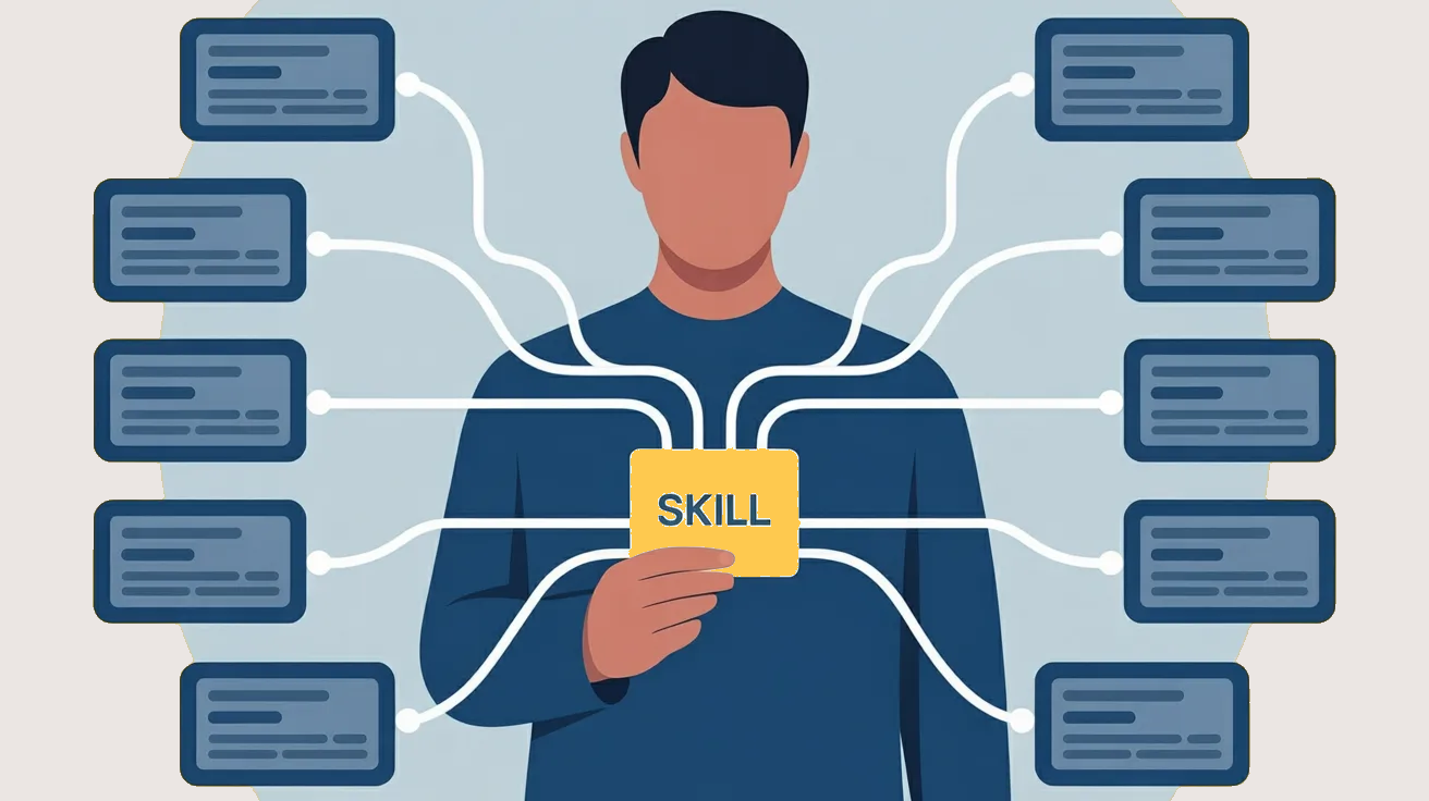 A flat vector illustration of an abstract faceless person holding a card labeled “SKILL” at chest level. Multiple clean white connector lines extend outward from the card and the figure, linking to rectangular modules on both sides that represent different tools or platforms. The composition is symmetrical and minimal, with a structured network layout emphasizing connectivity and portability.