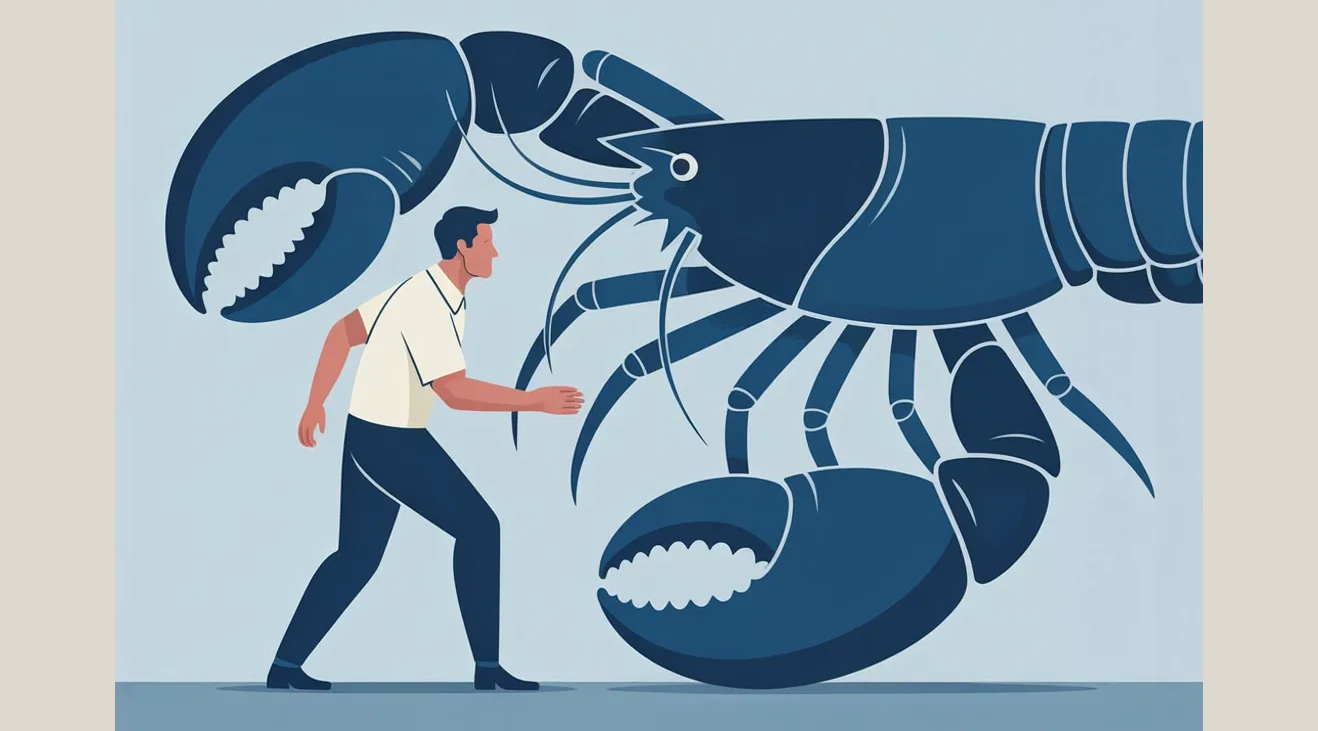 A man in simple clothing leans forward cautiously as he faces an enormous lobster with oversized claws raised toward him, creating a tense, confrontational scene.