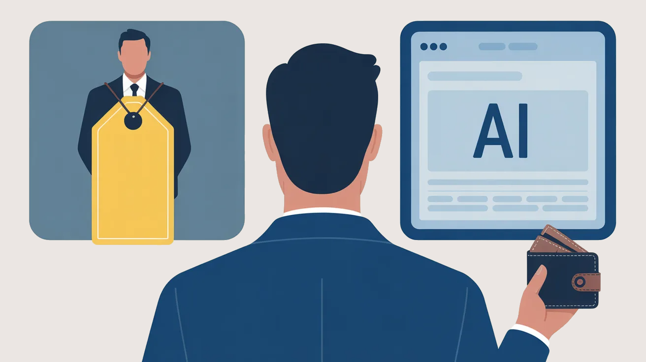 A person holding a wallet looks between an executive wearing a giant price tag and a glowing AI screen.