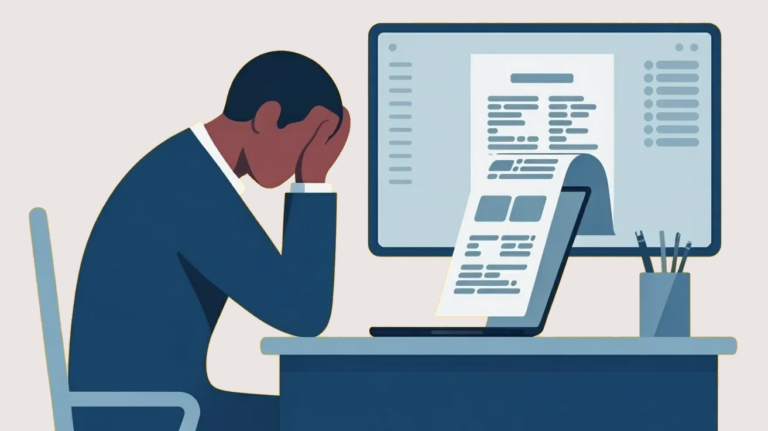 A flat vector illustration of a person with dark skin sitting at a desk, head in hand, looking frustrated while working on a laptop. A long, messy document scrolls out of the screen, and a larger monitor behind shows a poorly formatted page. The scene conveys frustration with document formatting.