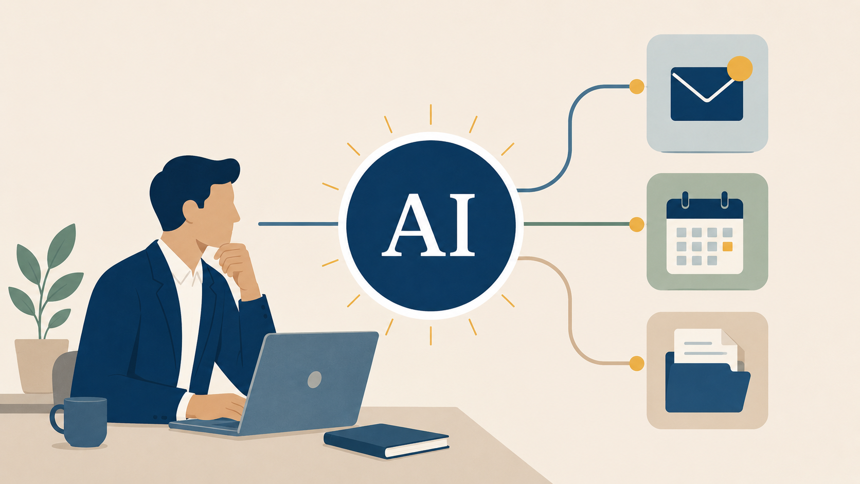 A flat editorial illustration shows a business professional seated at a desk, looking toward a large AI hub at the center of the image. Three simple connectors extend from the hub to icons representing email, calendar, and files, symbolizing how connected systems give AI context and make it more useful. The scene uses muted beige, navy, sage, and powder-blue tones with a clean, uncluttered layout and a calm, professional business aesthetic.