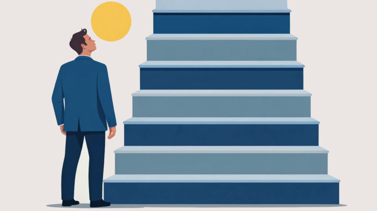 A man in a dark blue suit stands at the base of a tall staircase that rises to the right. He looks upward toward a warm yellow sun. Editorial flat-vector illustration on a pale beige background.