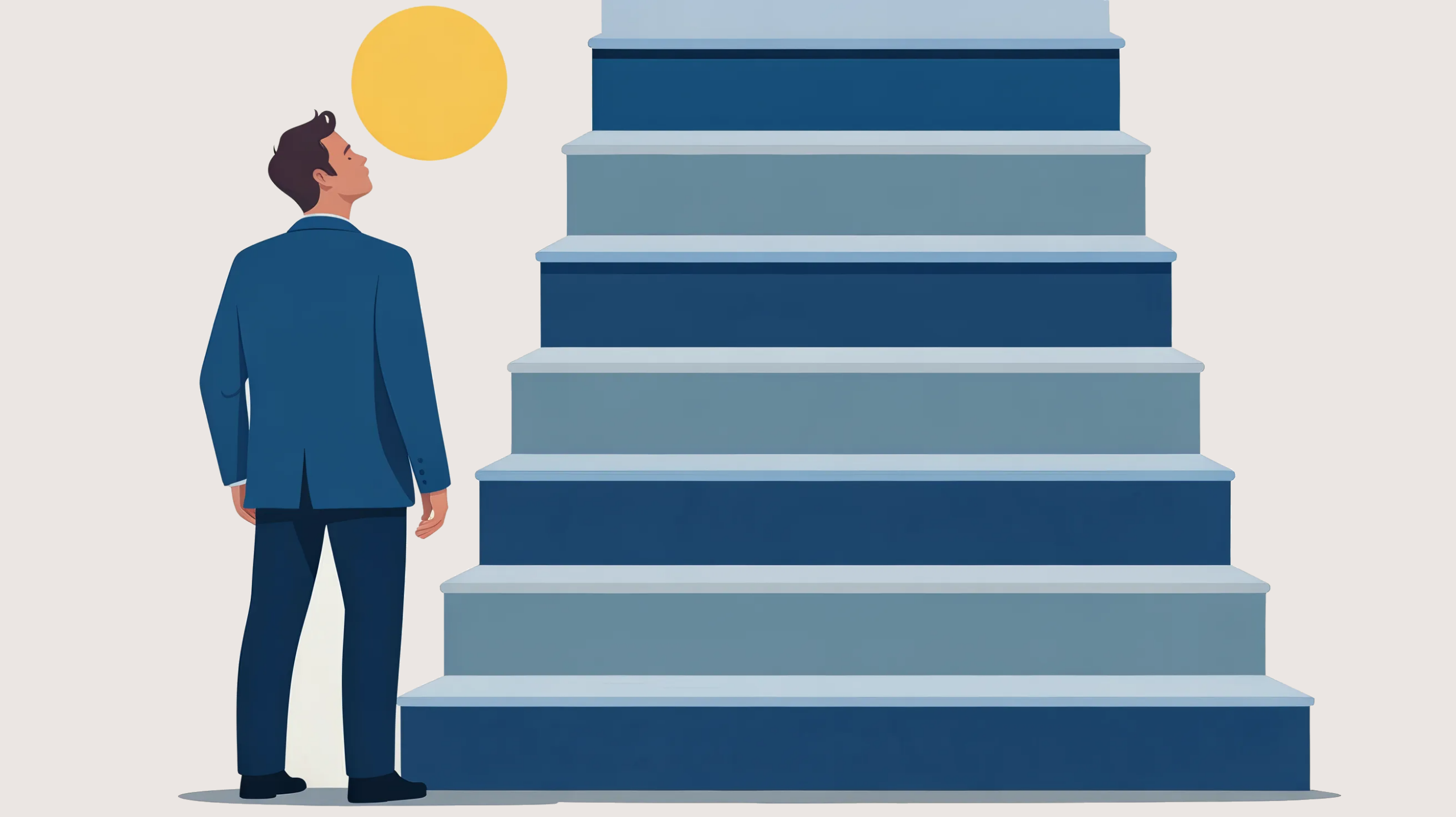 A man in a dark blue suit stands at the base of a tall staircase that rises to the right. He looks upward toward a warm yellow sun. Editorial flat-vector illustration on a pale beige background.