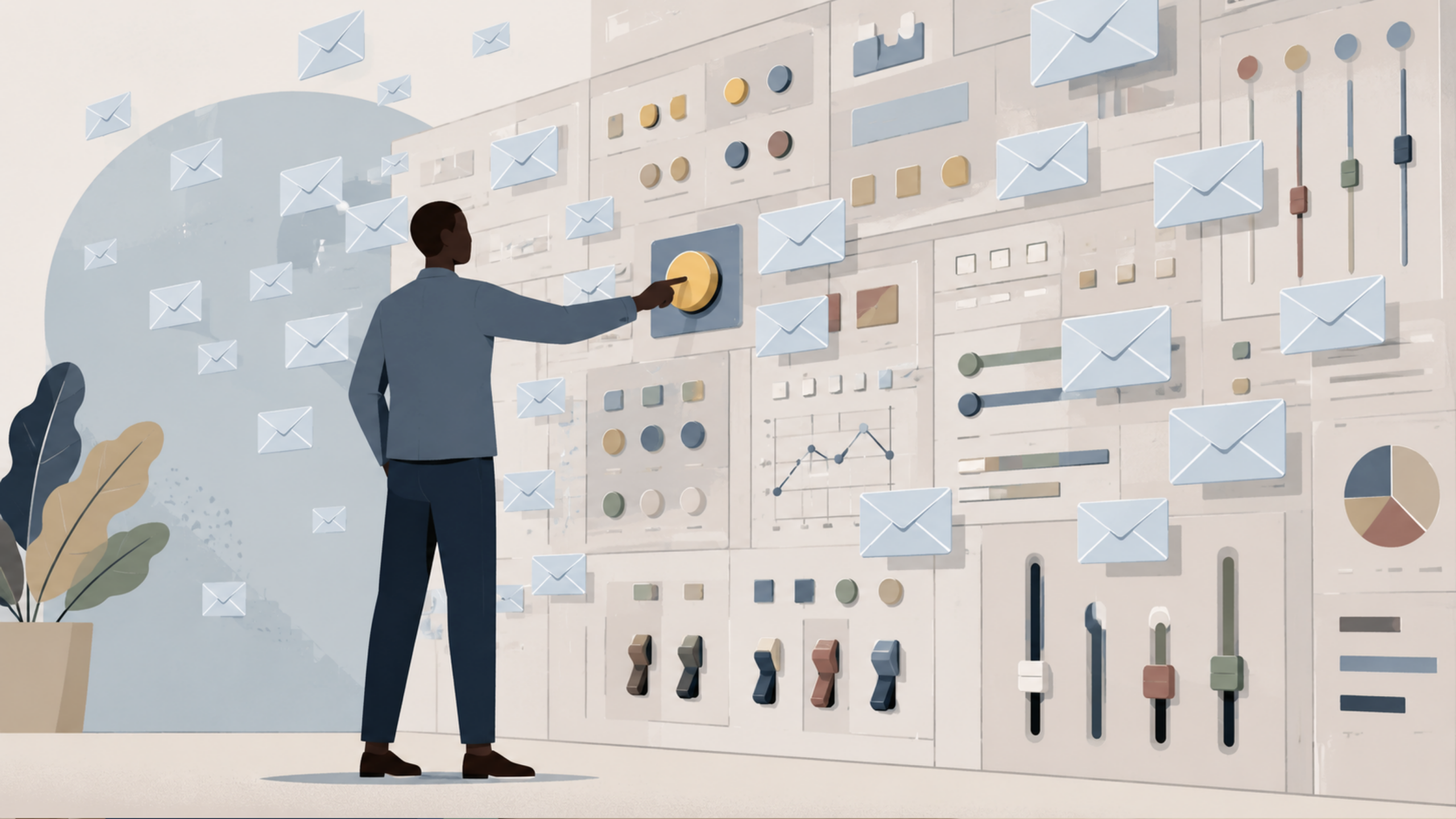 A faceless professional in slate-blue business attire stands before an oversized wall of controls, pressing a large yellow button while pale-blue email envelopes float around them. The massive control panel is filled with switches, sliders, charts, and interface elements, creating the feel of a complex email automation system or command center.