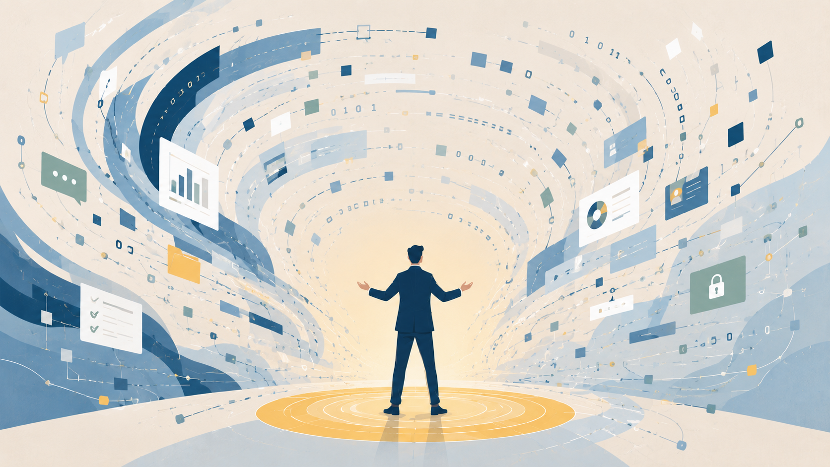 Editorial illustration of a lone business executive standing calmly at the center of a swirling digital storm made of abstract data ribbons, charts, interface cards, and floating icons. The figure, dressed in a navy suit, stands inside a warm golden circle of light while muted blue and beige data streams spiral around them in a clean, flat vector style. The composition conveys focus, control, and strategic calm amid information overload.