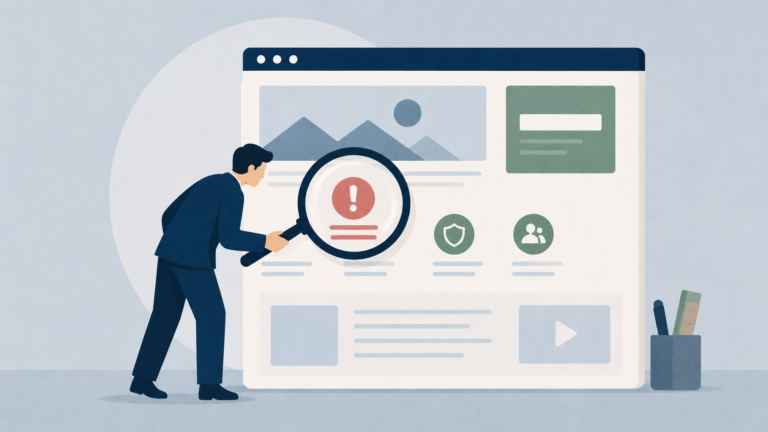 A flat editorial illustration shows a business professional in a navy suit leaning forward and looking through a large magnifying glass at an oversized website homepage. The magnifying glass highlights a red warning icon in the center of the page, suggesting a critical issue has been identified. The website interface is simplified with placeholder content blocks, icons, and a call-to-action area. The scene uses muted blue, gray, and green tones with a clean, minimalist design, symbolizing a website conversion audit that uncovers opportunities to improve performance and increase conversions.