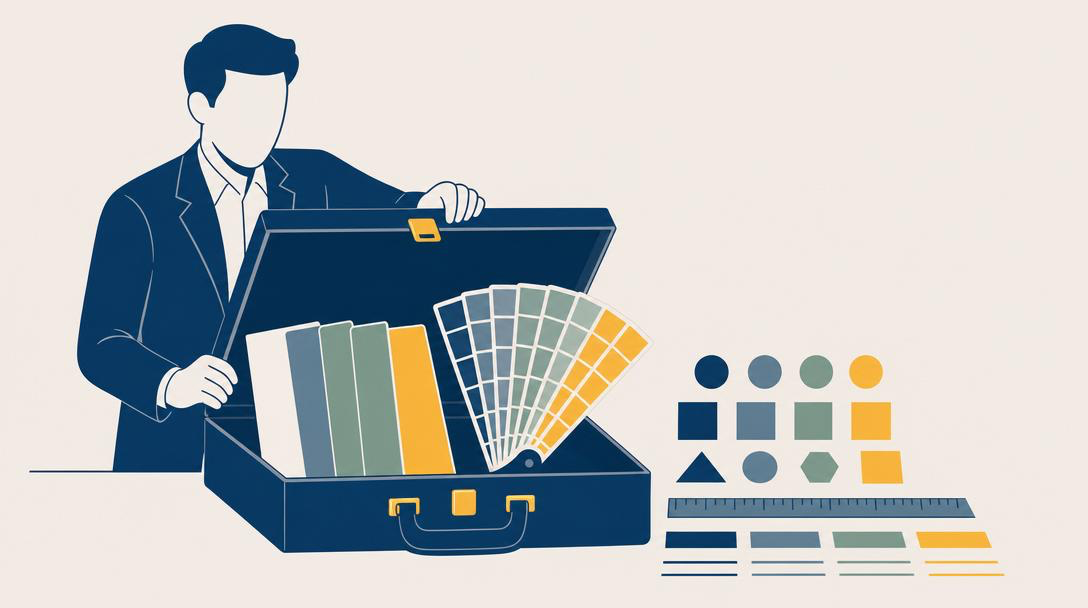 A flat editorial illustration of a business figure opening a briefcase, revealing an organized spread of color swatches and design tokens — representing a brand guide being deployed.
