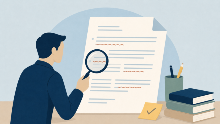 A minimalist editorial illustration shows a faceless business professional in a navy jacket examining a large document with a magnifying glass. Several lines on the document are highlighted with wavy marks, suggesting a careful review or editing process. The figure sits at a simple desk with a stack of books, a pencil cup, and a yellow note featuring a checkmark. The scene uses muted blues, beige, sage green, and warm yellow accents against a soft powder-blue background, conveying the idea of scrutinizing and refining written content.