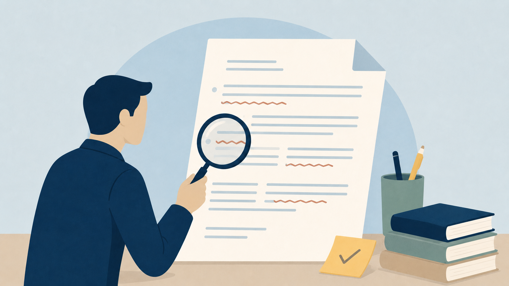 A minimalist editorial illustration shows a faceless business professional in a navy jacket examining a large document with a magnifying glass. Several lines on the document are highlighted with wavy marks, suggesting a careful review or editing process. The figure sits at a simple desk with a stack of books, a pencil cup, and a yellow note featuring a checkmark. The scene uses muted blues, beige, sage green, and warm yellow accents against a soft powder-blue background, conveying the idea of scrutinizing and refining written content.