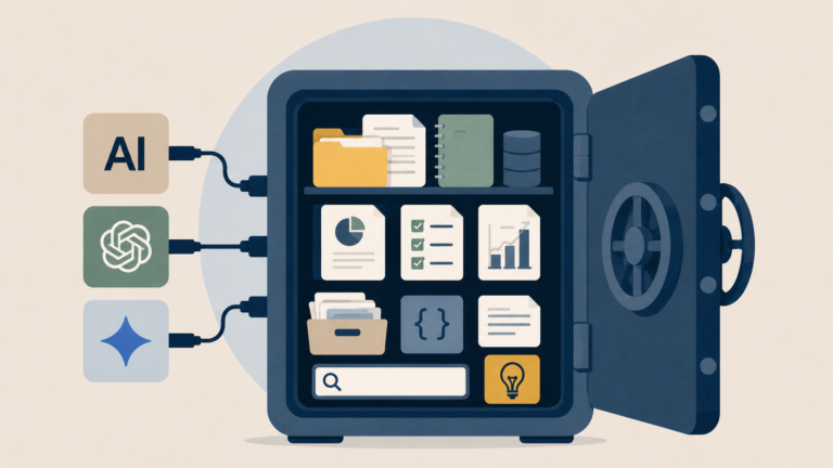 **Alt text:** A flat editorial illustration shows an open navy-blue vault against a light beige background. Inside the vault are neatly organized folders, documents, charts, a notebook, a database icon, code symbols, and a search bar, representing a centralized knowledge repository. Three cables connect the vault to ChatGPT, Claude, and Gemini icons positioned beside it, suggesting that multiple AI tools access the same source of information. The minimalist design uses muted blues, sage green, warm yellow, and beige tones to convey the idea of owning and controlling an AI-powered second brain rather than storing knowledge inside any single platform.