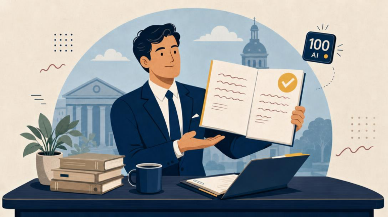 A business figure calmly presents an open disclosure document with a gold checkmark to the viewer, while a floating "100% AI" verdict badge drifts ignored at upper right—editorial flat illustration on warm beige.