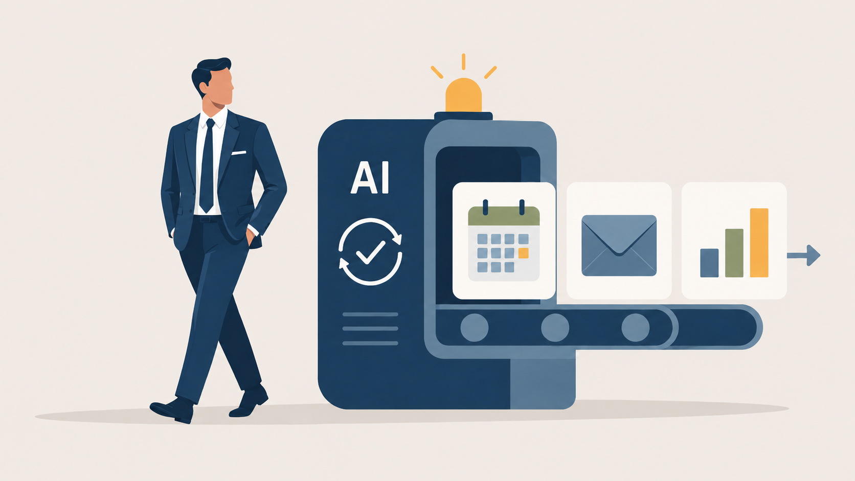 A business leader stands beside an AI automation machine that processes routine tasks into calendar, email, and dashboard outputs, showing how CEOs can delegate repetitive work to AI and reclaim time for higher-value leadership.