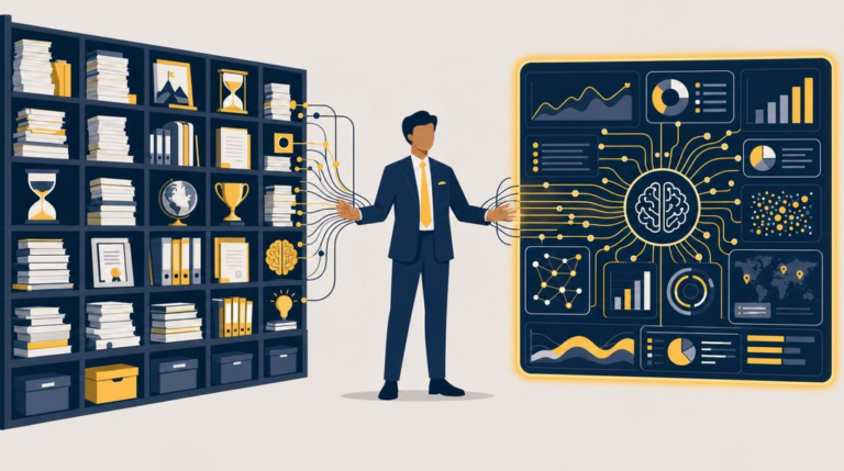 Flat vector illustration of a Hispanic business owner standing between a tall wall of stacked documents representing decades of experience and a glowing AI interface panel, with lines flowing from his memory bank through him into the AI's output.