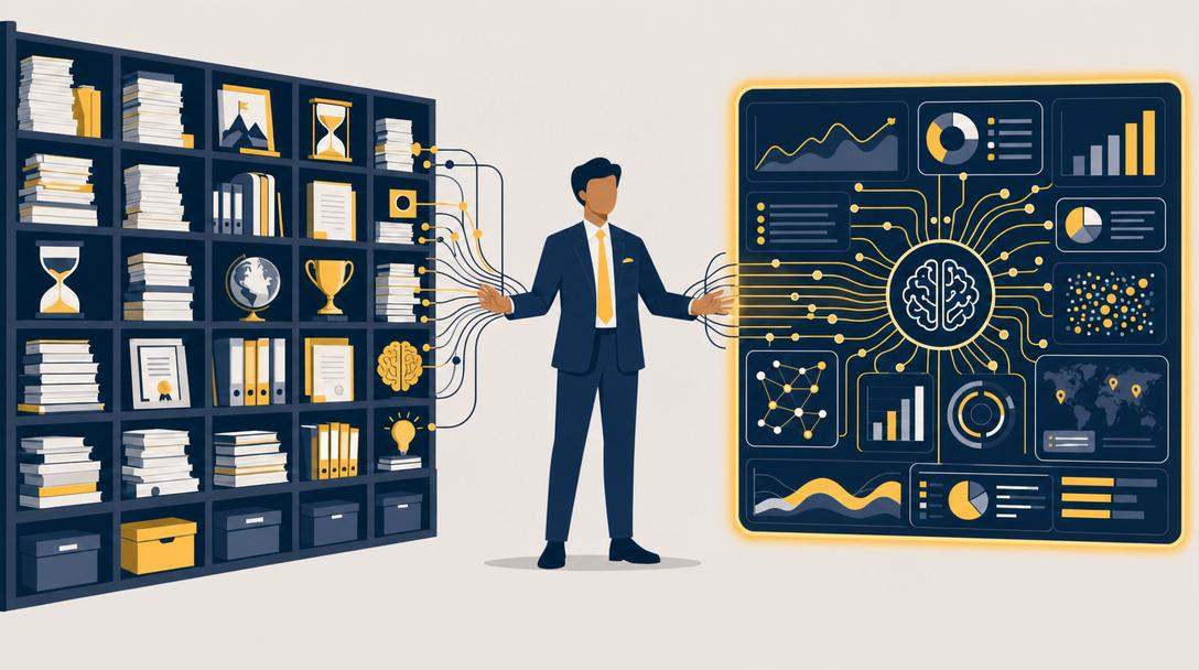 Flat vector illustration of a Hispanic business owner standing between a tall wall of stacked documents representing decades of experience and a glowing AI interface panel, with lines flowing from his memory bank through him into the AI's output.