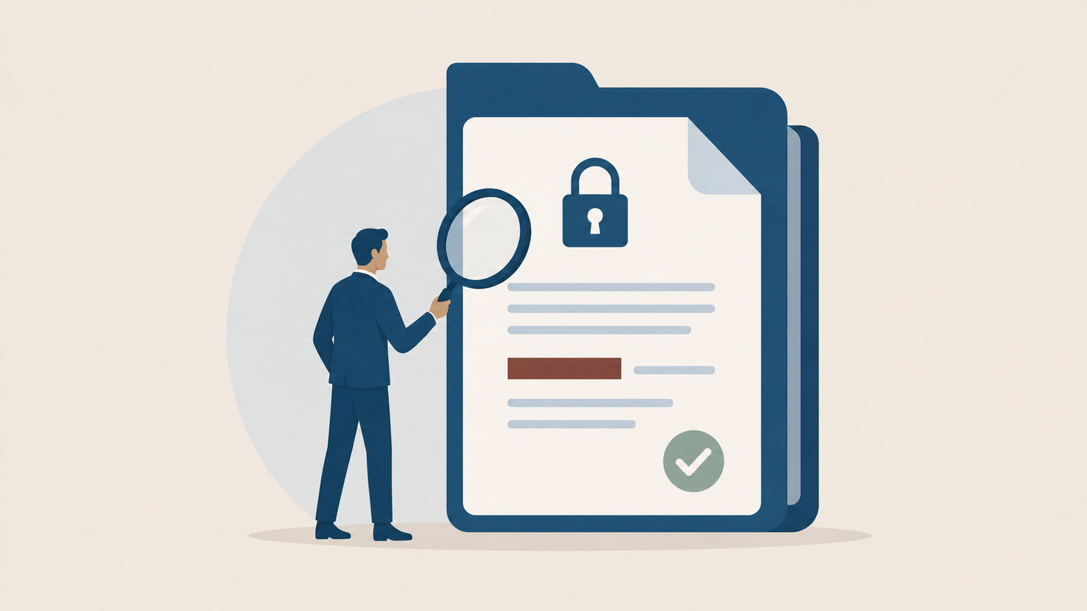 A simplified business figure in a navy suit inspects a large document folder with a magnifying glass, revealing a padlock icon and a green checkmark — a visual metaphor for running an AI privacy audit.