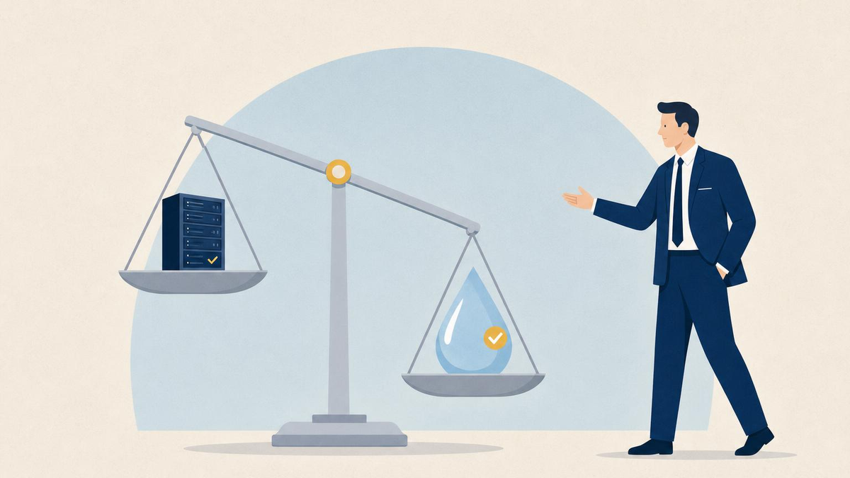 Editorial illustration of a businessman weighing a small AI server against a large water droplet on a balance scale, showing how AI’s actual environmental footprint compares to everyday water use.
