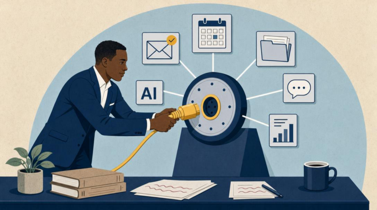 A flat editorial illustration of a businessman pressing a golden connector plug into a deep navy hub, with white lines radiating to email, calendar, folder, and file icons on a warm beige background.