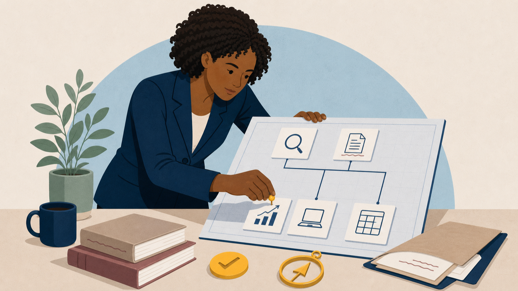A business leader pins a research card onto a connected org-chart blueprint, surrounded by role cards for editorial, marketing, technology, and finance on a desk.