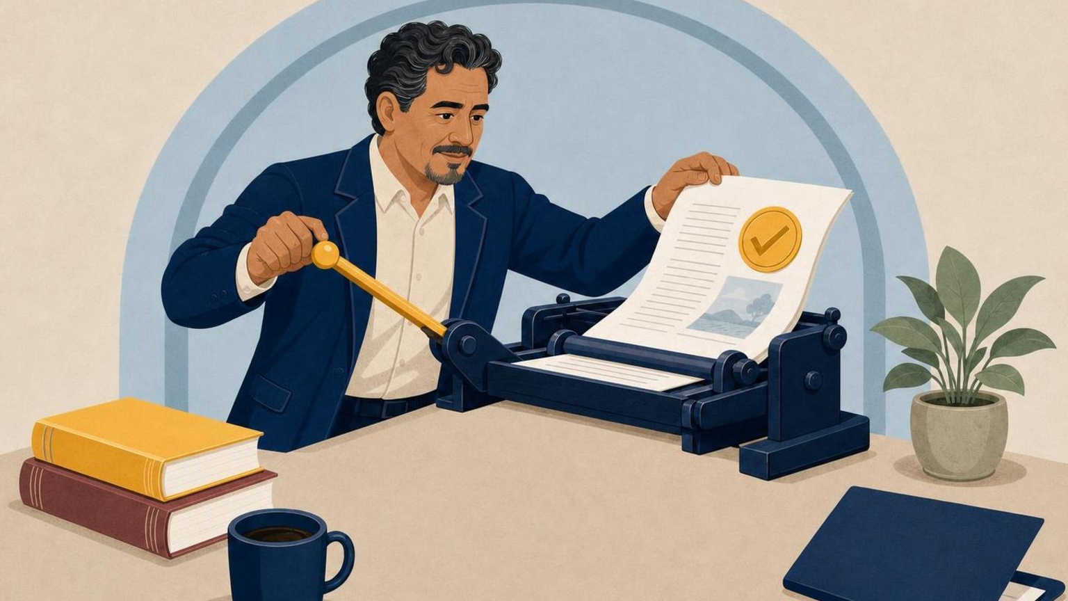 Flat editorial illustration of a man pulling the lever of a small publishing press where a quill, a typewriter, and an AI chip feed one manuscript — human storytelling across changing writing tools.