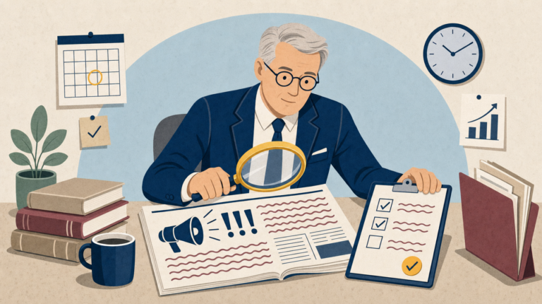 Editorial illustration of a silver-haired executive calmly examining an alarming newspaper page through a magnifying glass while checking a scorecard on a clipboard.