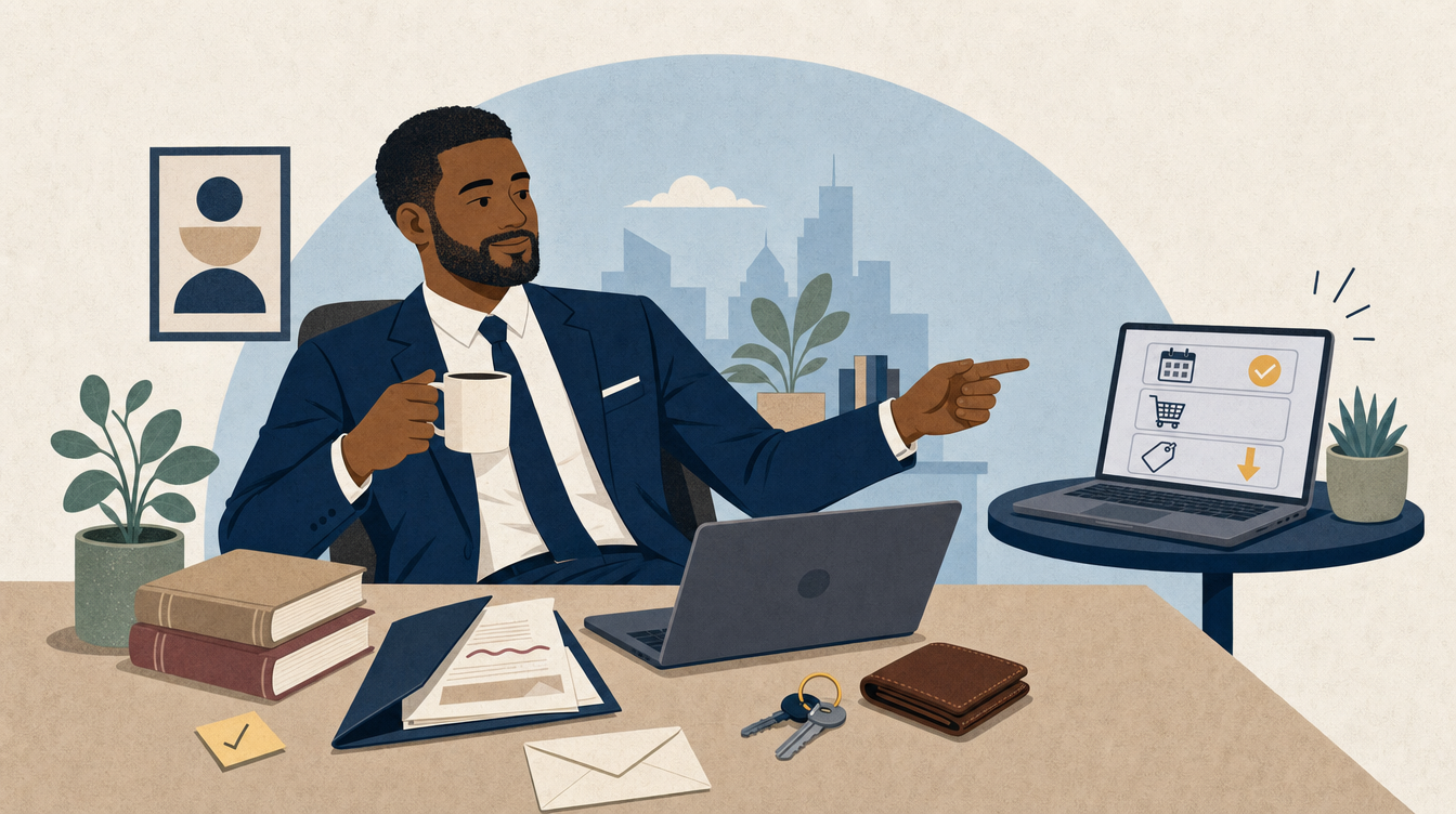 Flat editorial illustration of a smiling businessman in a navy suit leaning back at his desk with a coffee mug, pointing at a second laptop whose screen shows a calendar with a checkmark, a shopping cart, and a price tag with a downward arrow, while his keys and wallet sit on the desk in front of him.