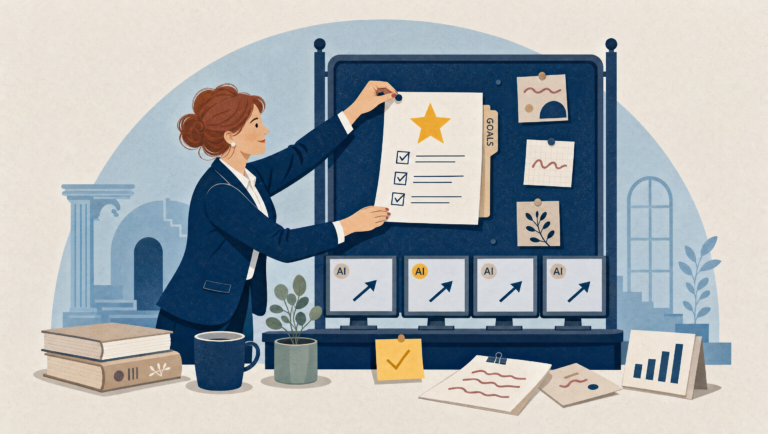 A woman in a navy blazer pins a one-page goals sheet with a gold star to a bulletin board above four AI monitors, each with an arrow pointing toward the page.