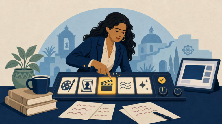 A flat editorial illustration of a Latina businesswoman pressing a button on a creative production console with five illuminated capability panels, surrounded by books, a coffee mug, and a plant.
