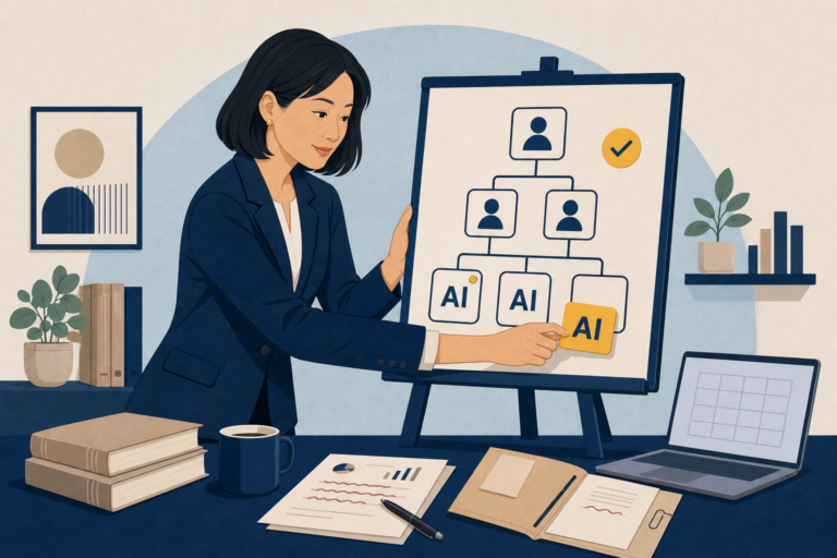 A flat editorial illustration of an East Asian businesswoman pinning the final AI role card onto a mixed human-and-agent org chart on a presentation easel, with books, a coffee mug, and papers on the desk.