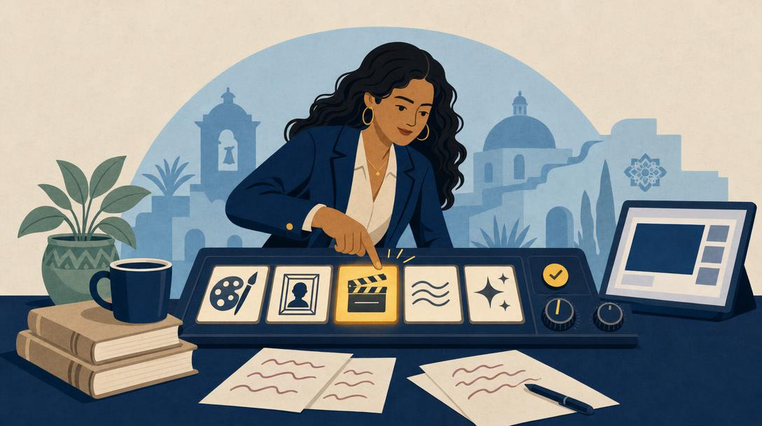 A flat editorial illustration of a Latina businesswoman pressing a button on a creative production console with five illuminated capability panels, surrounded by books, a coffee mug, and a plant.