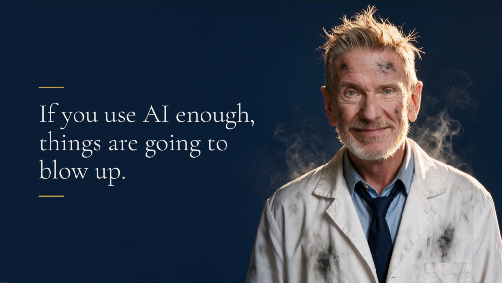 Photo of Michael Hyatt in a white lab coat with scorched edges, hair going six directions at once, a thin curl of smoke rising behind his left shoulder. The expression on his face says, "I did not see that coming."