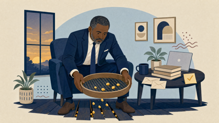 A business owner relaxes in an armchair at dusk beside a sieve that catches glowing gold pebbles before they slip through the gaps in the floor.