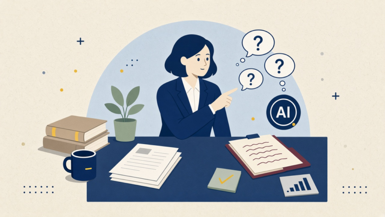 Flat editorial illustration of a businesswoman at a desk pointing toward an AI badge and question-mark bubbles instead of a finished memo stack—tutor over shortcut.