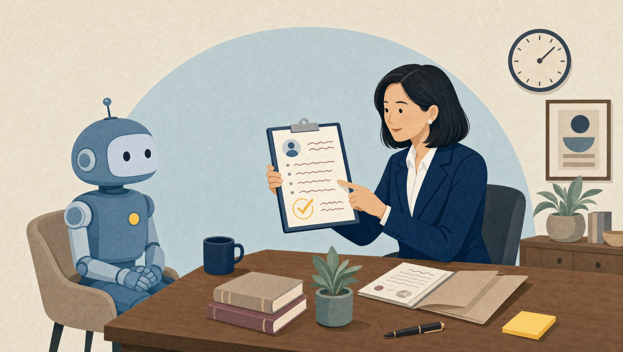 Illustration of a businesswoman at her desk holding up a clipboard with a profile icon, short lines, and a checkmark, pointing to it for a small robot seated across from her.